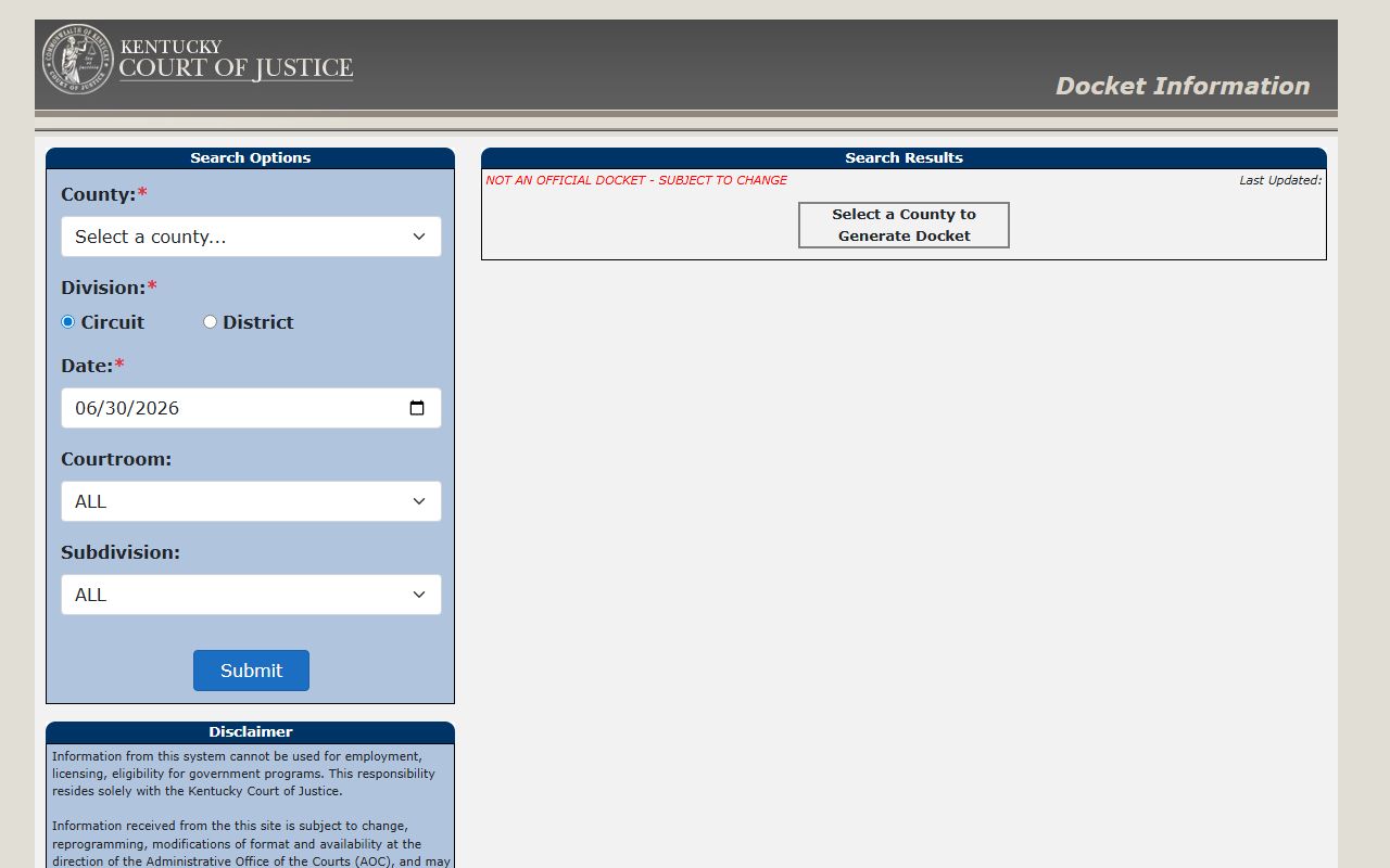 Warren County court records Kentucky docket search fields